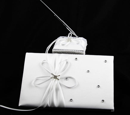 White Wedding Guest Book Register with Silver Pen Matching Stand Set 36 Lined Pages - White Ribbon and Diamante Bow Cover Kings Warehouse 