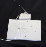 White Wedding Guest Book Register with Silver Pen Matching Stand Set 36 Lined Pages - White Ribbon and Diamante Bow Cover Kings Warehouse 