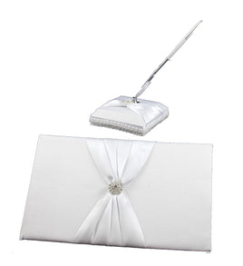 White Wedding Guest Book Register with Silver Pen Matching Stand Set 36 Lined Pages - White Sach Diamante Cover Kings Warehouse 