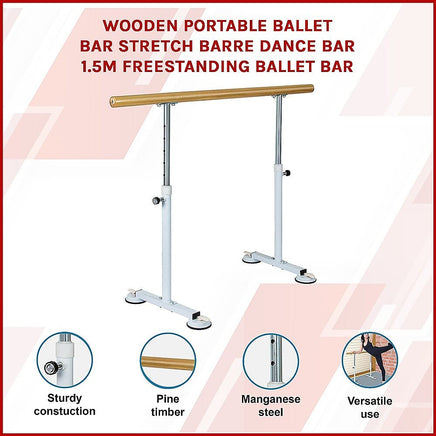 Wooden Portable Ballet Bar Stretch Barre Dance Bar 1.5M Freestanding Ballet Bar Sports & Fitness Kings Warehouse 