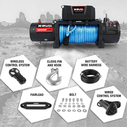 X-BULL 12V Electric Winch 12000LBS synthetic rope 4wd Jeep with Tire Deflator Auto Accessories Kings Warehouse 