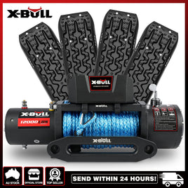 X-BULL 12V Electric Winch 12000LBS synthetic rope with 4PCS Recovery Tracks Gen3.0 Black Auto Accessories Kings Warehouse 