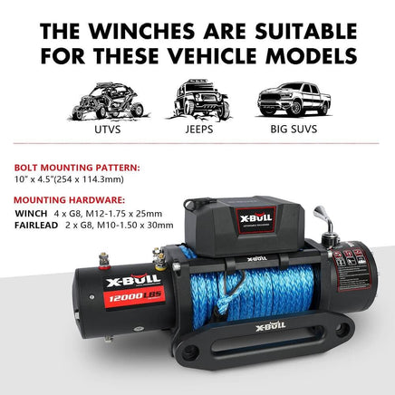 X-BULL 12V Electric Winch 12000LBS synthetic rope with 4PCS Recovery Tracks Gen3.0 Black Auto Accessories Kings Warehouse 
