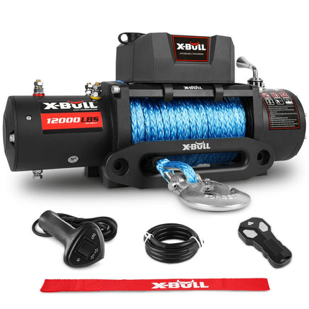X-BULL 12V Electric Winch 12000LBS synthetic rope with 4PCS Recovery Tracks Gen3.0 Black Auto Accessories Kings Warehouse 