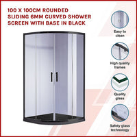 100 x 100cm Rounded Sliding 6mm Curved Shower Screen with Base in Black Kings Warehouse 