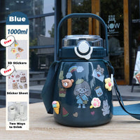 1000ml Large Water Bottle Stainless Steel Straw Water Jug with FREE Sticker Packs (Blue) Kings Warehouse 