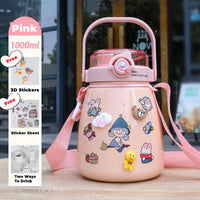 1000ml Large Water Bottle Stainless Steel Straw Water Jug with FREE Sticker Packs (Pink) Kings Warehouse 