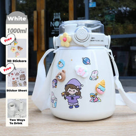 1000ml Large Water Bottle Stainless Steel Straw Water Jug with FREE Sticker Packs (White) Kings Warehouse