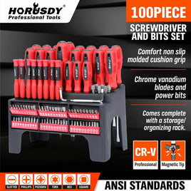 100Pc Screwdriver Set Ratchet Handle Socket Slot Pozi Hex Star Square Bits Rack Kings Warehouse