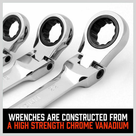 10Pc Flexible Head Ratchet Spanner Set Metric Wrench CRV With Carry Pouch 8-22MM Kings Warehouse 
