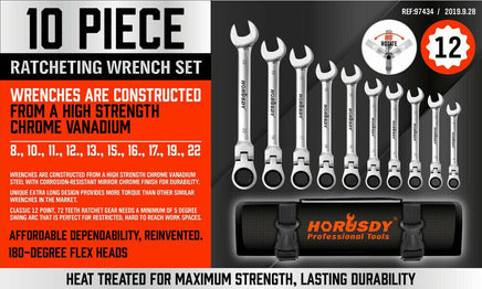 10Pc Flexible Head Ratchet Spanner Set Metric Wrench CRV With Carry Pouch 8-22MM Kings Warehouse 