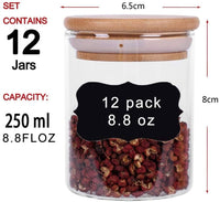 12 Pieces Glass Spice Jars for Kitchen Canisters with Airtight Bamboo Lids and Labels (250 ml) Appliances Supplies Kings Warehouse 