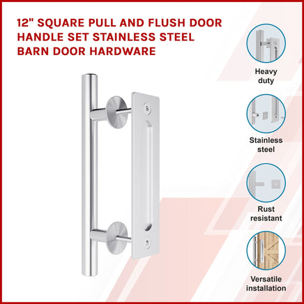 12" Square Pull and Flush Door Handle Set Stainless Steel Barn Door Hardware Kings Warehouse 