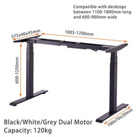 120cm Standing Desk Height Adjustable Sit Grey Stand Motorised Dual Motors Frame Black Top KingsWarehouse 