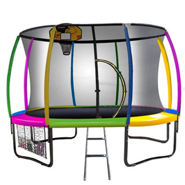 12ft Outdoor Trampoline Kids Children With Safety Enclosure Pad Mat Ladder Basketball Hoop Set - Rainbow Kings Warehouse 