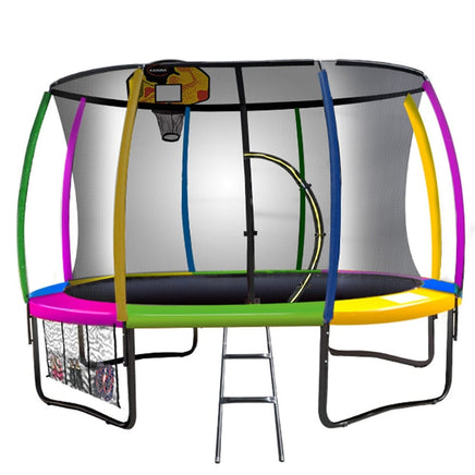12ft Outdoor Trampoline Kids Children With Safety Enclosure Pad Mat Ladder Basketball Hoop Set - Rainbow Kings Warehouse 