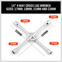 14" Wheel Brace Spanner 4-way Cross Wrench Car Tyre Nut 17 19 21 23mm Socket Kings Warehouse 