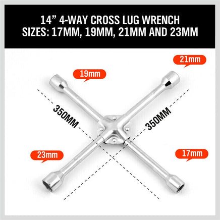 14" Wheel Brace Spanner 4-way Cross Wrench Car Tyre Nut 17 19 21 23mm Socket Kings Warehouse 