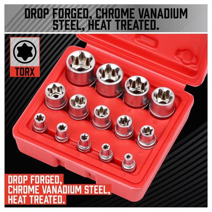 14Pc E Torx Socket Set Female Start Bit External Hex Torque E4-E24 With Case Kings Warehouse 
