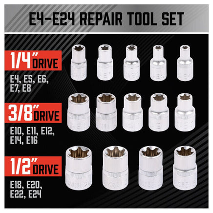 14Pc E Torx Socket Set Female Start Bit External Hex Torque E4-E24 With Case Kings Warehouse 