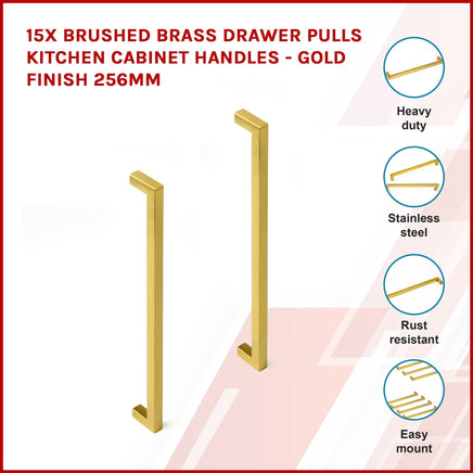 15x Brushed Brass Drawer Pulls Kitchen Cabinet Handles - Gold Finish 256mm Kings Warehouse 
