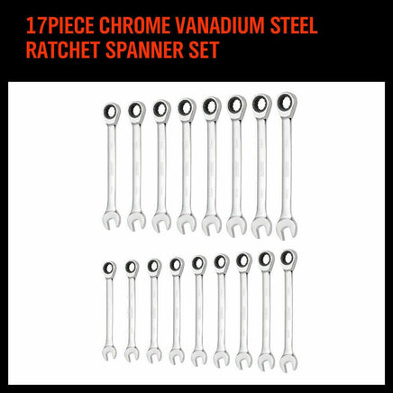 17Pc Ratchet Spanner Set Metric Combination Wrenches Open End Ring CR-V 8-24mm Kings Warehouse 