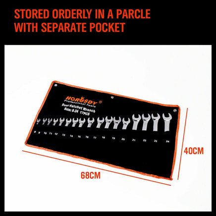 17Pc Ratchet Spanner Set Metric Combination Wrenches Open End Ring CR-V 8-24mm Kings Warehouse 