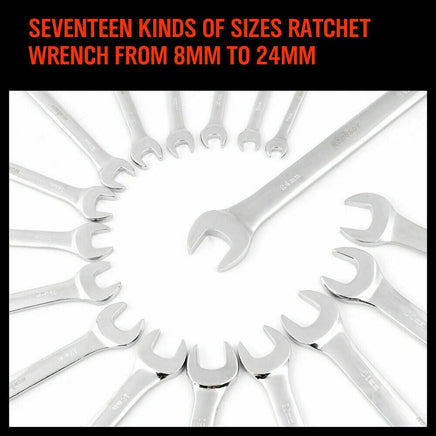 17Pc Ratchet Spanner Set Metric Combination Wrenches Open End Ring CR-V 8-24mm Kings Warehouse 