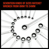 17Pc Ratchet Spanner Set Metric Combination Wrenches Open End Ring CR-V 8-24mm Kings Warehouse 