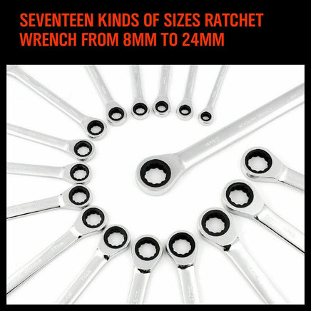 17Pc Ratchet Spanner Set Metric Combination Wrenches Open End Ring CR-V 8-24mm Kings Warehouse 
