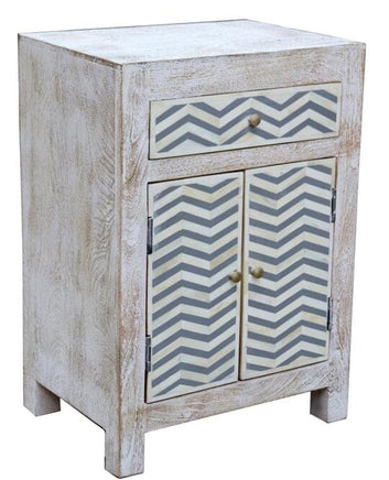 2 drawer whitewashed bedside cabinet with Grey/White bone chevron design Kings Warehouse 