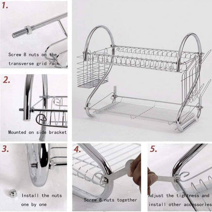 2 Tier Dish Rack with Drain Board for Kitchen Counter and Plated Chrome Dish Dryer Silver 42 x 25,5 x 38 cm Kings Warehouse 