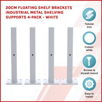 20cm Floating Shelf Brackets Industrial Metal Shelving Supports 4-Pack - White Storage Supplies Kings Warehouse 