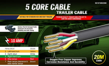 20M X 5 Core Wire Cable Trailer Cable Automotive Boat Caravan Truck Coil V90 PVC Kings Warehouse 