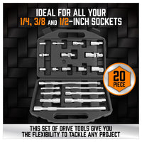20Pc Socket Extension & Adaptor Set Flexible Joint Reducer Combination Drive Kit Kings Warehouse 
