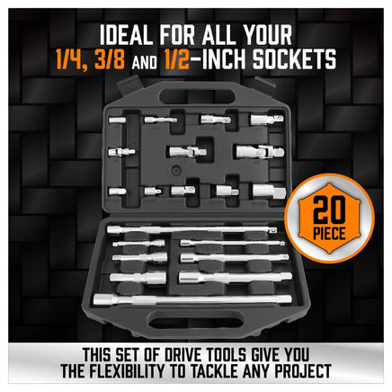 20Pc Socket Extension & Adaptor Set Flexible Joint Reducer Combination Drive Kit Kings Warehouse 