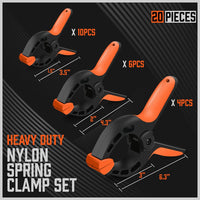 20Pc Spring Clamps Set Heavy Duty Nylon Clips 3 Sizes Non-Slip Grip TPR Handle Kings Warehouse 