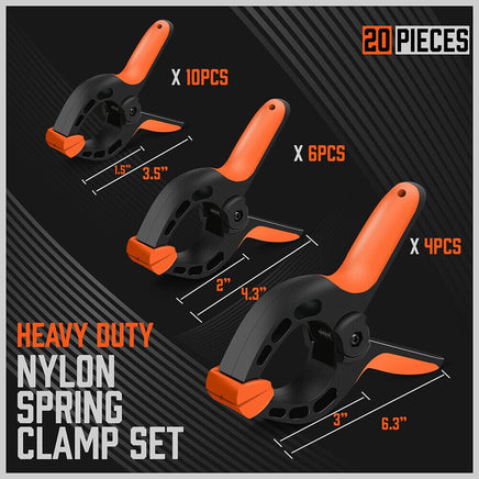 20Pc Spring Clamps Set Heavy Duty Nylon Clips 3 Sizes Non-Slip Grip TPR Handle Kings Warehouse 