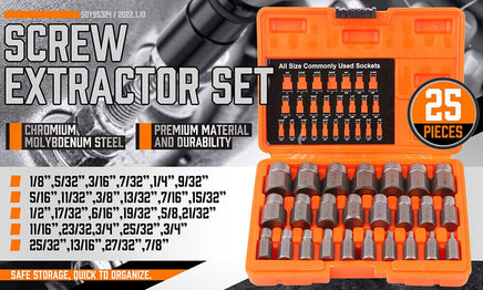 25Pc Screw Extractor Set Multi-Spline Easy Out Broken Bolt Remover Tool Hex Head Kings Warehouse 