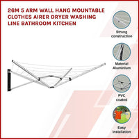 26m 5 Arm Wall Hang Mountable Clothes Airer Dryer Washing Line Bathroom Kitchen Kings Warehouse 