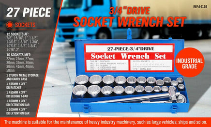 27Pc Heavy Duty Socket Wrench Set 3/4" Drive Metric & Imperial Extension Case Kings Warehouse 