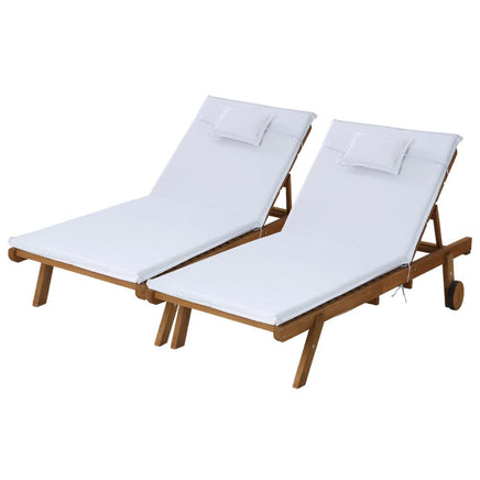 2pc Sun Lounge Wooden Lounger Outdoor Furniture Day Bed Wheel Patio White KingsWarehouse 