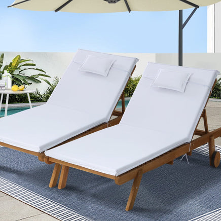 2pc Sun Lounge Wooden Lounger Outdoor Furniture Day Bed Wheel Patio White KingsWarehouse 