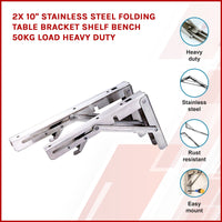 2x 10" Stainless Steel Folding Table Bracket Shelf Bench 50kg Load Heavy Duty Kings Warehouse 