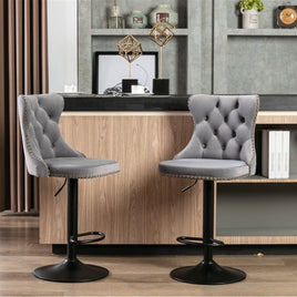 2x Height Adjustable Swivel Bar Stool Velvet Nailhead Barstool with Footrest bar stools Kings Warehouse 