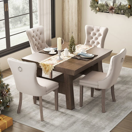 2x Velvet Dining Chairs Upholstered Tufted Kithcen Chair with Solid Wood Legs Stud Trim and Ring-Beige dining KingsWarehouse 