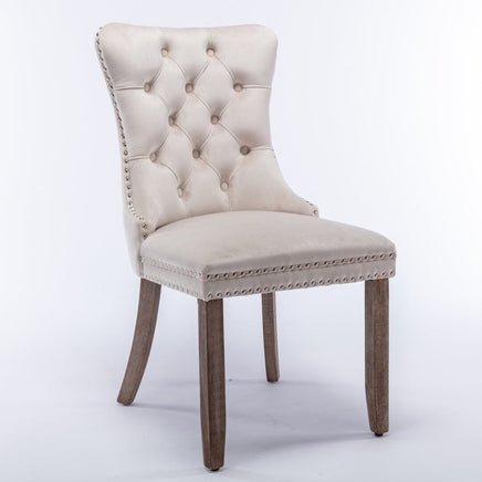 2x Velvet Dining Chairs Upholstered Tufted Kithcen Chair with Solid Wood Legs Stud Trim and Ring-Beige dining KingsWarehouse 