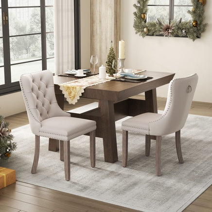 2x Velvet Dining Chairs Upholstered Tufted Kithcen Chair with Solid Wood Legs Stud Trim and Ring-Beige dining KingsWarehouse 
