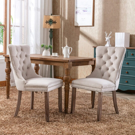 2x Velvet Dining Chairs Upholstered Tufted Kithcen Chair with Solid Wood Legs Stud Trim and Ring-Beige dining KingsWarehouse 