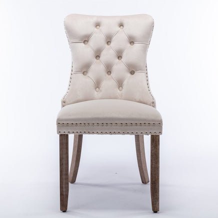 2x Velvet Dining Chairs Upholstered Tufted Kithcen Chair with Solid Wood Legs Stud Trim and Ring-Beige dining KingsWarehouse 